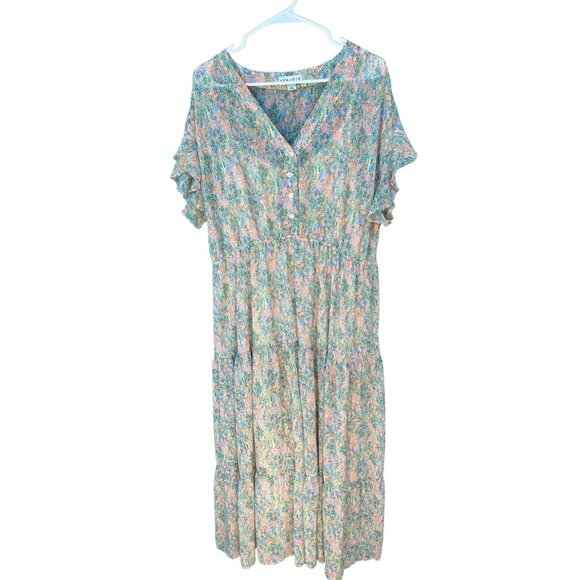 Women's Ava & Viv Pastel Floral Tiered Maxi Dress‎ Flutter Sleeves Plus Size 1X - Picture 2 of 10